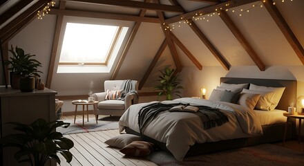 Cozy attic bedroom with slanted ceiling and natural light from window