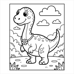 Cute Dinosaur Coloring Page, Happy Dino Cartoon Illustration, Kids Fun Dinosaur Activity.