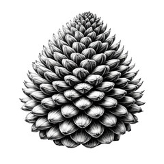 Monochrome illustration of a detailed, symmetrical pine cone with a dark background
