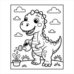 Cute Dinosaur Watering Plant Cartoon, Happy Dino Gardening Kids Illustration, Smiling Dinosaur Plant Care Vector.