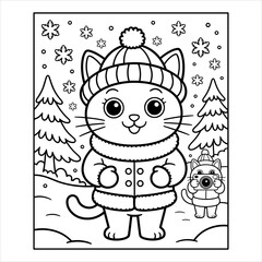 Cute Cat Winter Coloring Page for Kids Cartoon Kitten in Snow, Happy Cat Illustration Printable Kids Coloring Sheet with Snowy Scene, Cartoon Kitten in Winter Clothes Fun Children's Activity