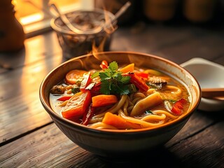 Colorful Noodle Soup with Vegetables and Herbs