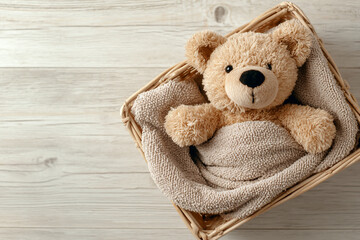 Cute teddy bear resting in a basket with a blanket