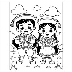 Cute Kids Coloring Page Cartoon Boy and Girl in Traditional Folk Costumes, Happy Children Illustration Printable Kids Activity Coloring Sheet in Ethnic Clothes, Cartoon Boy and Girl.