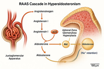 Diagram illustrating the Renin-Angiotensin-Aldosterone System (RAAS) cascade in hyperaldosteronism, showing the juxtaglomerular apparatus, adrenal zone glomerulosa hyperplasia, angiotensinogen, angiot