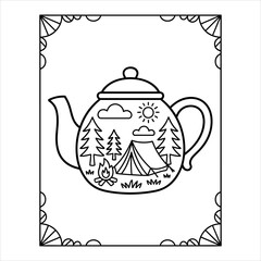 Camping Teapot Coloring Page, Outdoor Adventure Teapot Illustration, Cute Nature Scene Coloring Vector.