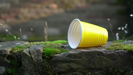 Vibrant yellow plastic cup discarded on a mossy rock in an outdoor natural environment Highlighting litter environmental pollution and human impact on natures b