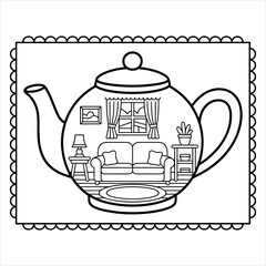 Creative Teapot Coloring Page Cartoon Teapot with Living Room Interior for Kids, Whimsical Home Illustration Printable Kids Activity Coloring Sheet with Teapot Scene, Cartoon Teapot.