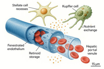 Illustration of hepatic portal venule with stellate cells and Kupffer cells, showing red blood cells and nutrient exchange.