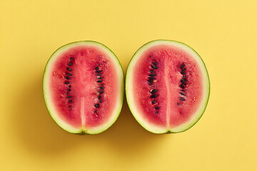 Two halves of a ripe watermelon on a bright yellow background