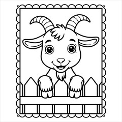 Cute Farm Goat Coloring Page, Smiling Goat Illustration Vector, Cartoon Goat Fence Drawing