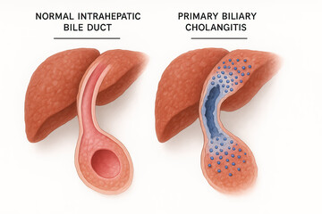 Medical illustration comparing a normal intrahepatic bile duct with one affected by primary biliary cholangitis, showing inflammation and blockages.