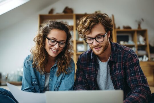Young diverse couple wearing glasses collaborating and smiling while looking at a laptop screen together indoors