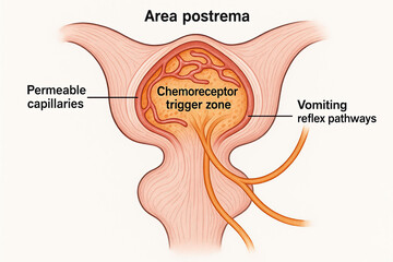 Diagram of the area postrema showing the chemoreceptor trigger zone, permeable capillaries, and vomiting reflex pathways.