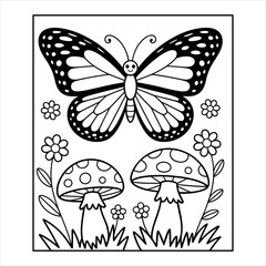 Butterfly Coloring Page, Mushroom Garden Illustration, Floral Nature Drawing