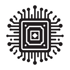Stylized black and white icon of a computer processor chip with a diamond shape in the center and radiating circuit board lines