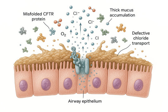 Illustration showing airway epithelium cells with misfolded CFTR protein, defective chloride transport, and thick mucus accumulation, representing a condition like cystic fibrosis.
