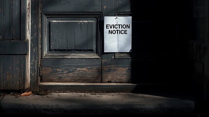 Eviction notice pinned to worn wooden door with peeling paint and shadowed doorstep.