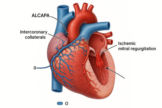 Anatomical illustration of the human heart showing ALCAPA, intercoronary collaterals, and ischemic mitral regurgitation.