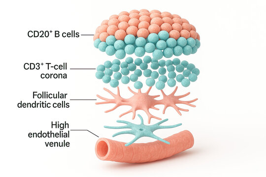 Schematic illustration of a lymph node's internal structure, highlighting the arrangement of CD20+ B cells, CD3+ T-cell corona, follicular dendritic cells, and high endothelial venules.