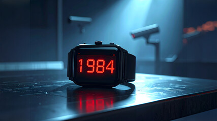 Close-up of a smartwatch showing the number 1984 in red digital font. Out-of-focus security cameras in a dark, cold-lit room suggest constant surveillance, privacy risk, and social control.