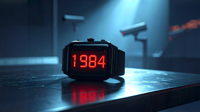 Close-up of a smartwatch showing the number 1984 in red digital font. Out-of-focus security cameras in a dark, cold-lit room suggest constant surveillance, privacy risk, and social control.