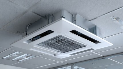 Ceiling air conditioning unit in modern office space cooling workspace during summer