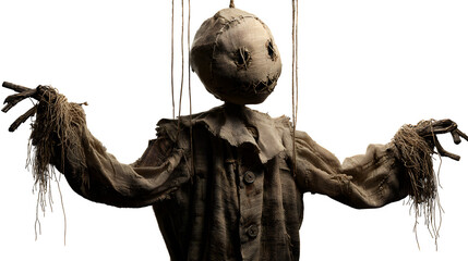 Creepy burlap scarecrow puppet ready for Halloween frights and spooky themed events, a vintage and hauntingly moods.