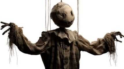 Creepy burlap scarecrow puppet ready for Halloween frights and spooky themed events, a vintage and hauntingly moods.