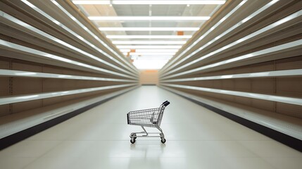 Small miniature shopping cart placed inside oversized supermarket aisle, empty shelves in the background.