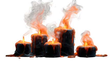 Dramatic burning candles with dripping wax and vibrant orange flames create an intense, mysterious atmosphere perfect for Halloween or gothic themes. A Halloween design