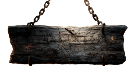 Ancient weathered wooden sign with mysterious carved runes hanging by rustic chains, perfect for fantasy game assets or historical projects. A Halloween design