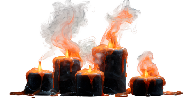 Dramatic burning candles with dripping wax and vibrant orange flames create an intense, mysterious atmosphere perfect for Halloween or gothic themes. A Halloween design