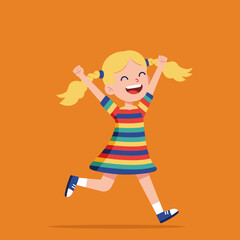 Joyful blonde girl in rainbow dress running happily, arms raised in celebration. Cheerful child illustration on orange.