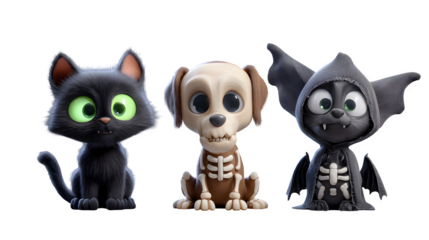 Whimsical Halloween trio featuring a black cat, skeleton dog, and bat creature with spooky charm for festive designs. A Halloween design
