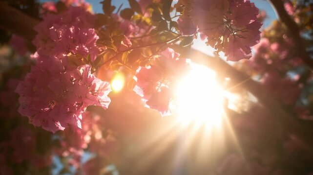 Rose-filled arched forest path with clock concept. Vibrant bougainvillea flowers capturing sunlight in a serene natural setting.