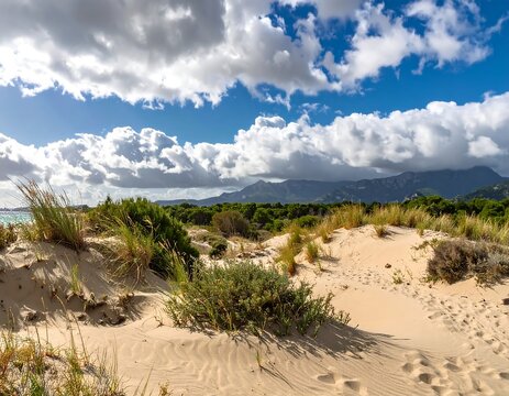 Coastal sand dunes with mountains in the distance