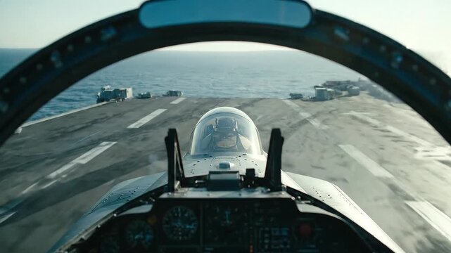 Thrilling First-Person View of Fighter Jet Launching from Aircraft Carrier Deck Over Open Ocean