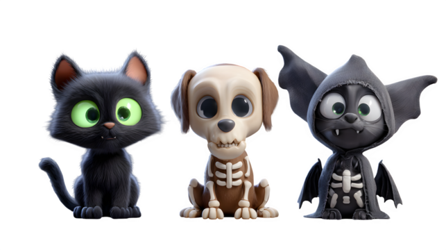 Whimsical Halloween trio featuring a black cat, skeleton dog, and bat creature with spooky charm for festive designs. A Halloween design