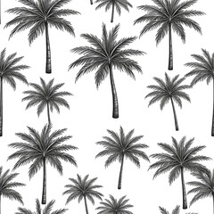 Repeating monochrome pattern of palm trees on a black background