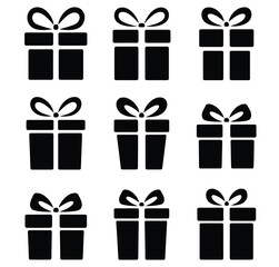 A set of nine black silhouette gift box icons with ribbon designs
