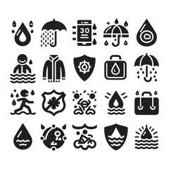 Fototapeta premium Assortment of 20 black icons for weather resistance and protection on a white background water drop
