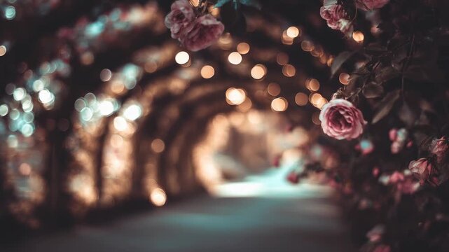 Rose-filled arched forest path with clock concept. Blurred bokeh lights create a dreamy atmosphere among blooming roses.