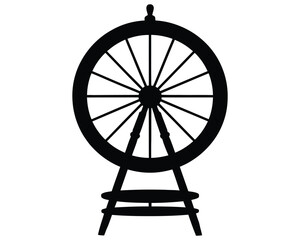 A striking black and white stencil style of a spinning wheel, silhouette
