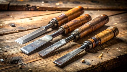 Set of Chisels on a Wooden Workbench Surface.