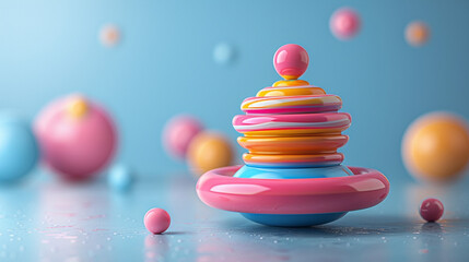 Colorful spinning top toy on blue surface with floating spheres