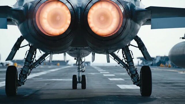 Powerful twin engines of a modern fighter jet glowing brightly