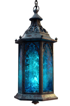Mysterious gothic lantern glows with ethereal blue energy, casting an otherworldly, magical light, perfect for fantasy or horror themes. A Halloween design