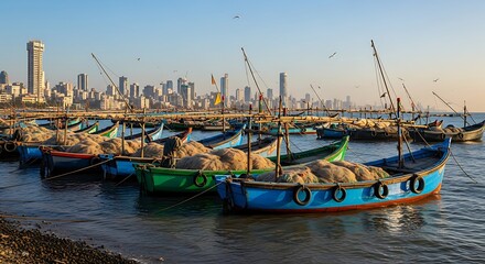 Fototapeta premium Fishing Boats Moored in Mumbai Harbor with City Skyline.