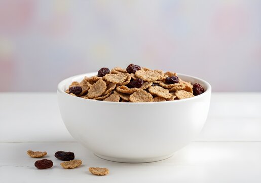 A bowl of crunchy raisin bran cereal with fresh milk, raisins, and a few scattered flakes on a bright breakfast table for National Raisin Bran Cereal Day. - Powered by Adobe